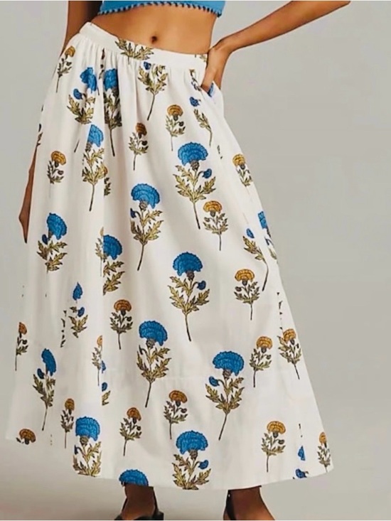 Maeve Dresses & Skirts - NWT Anthropologie Maeve Jacie White Maxi Skirt with Blue & Mustard Floral Print
